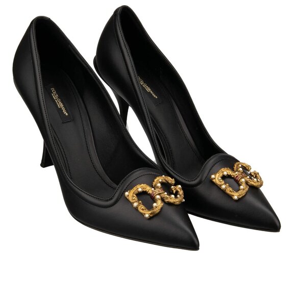 Dolce & Gabbana - AMORE DG Logo Pearl Gold Brooch Pumps LORI Black 41 US 11 - Picture 1 of 5
